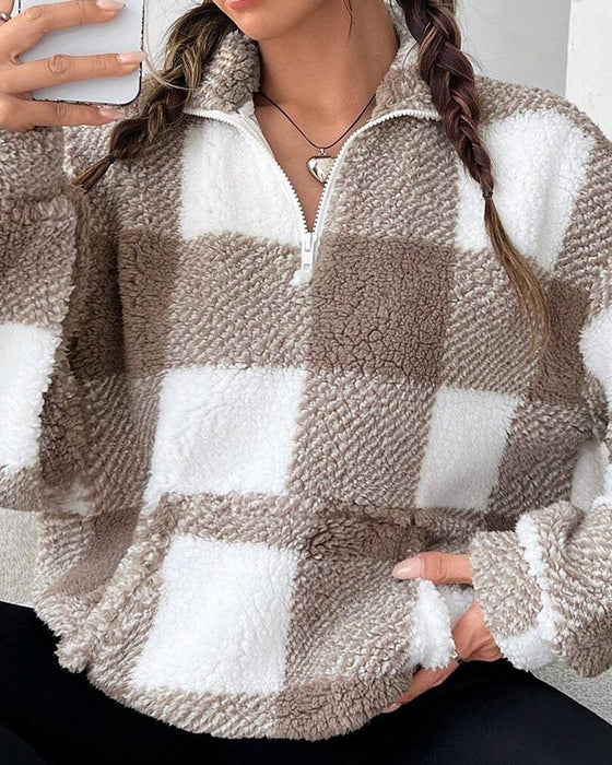 Sweatshirt Halv-Zip Ståkrage Rutmönster