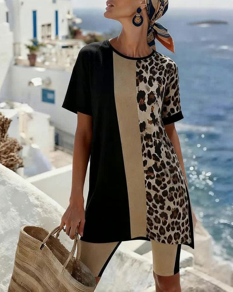 Set Leopard Tryck Färgblock Oregelbundna Quarter Byxor