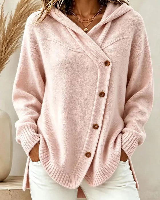 Pullover Knäppt Lång Ärm Huva