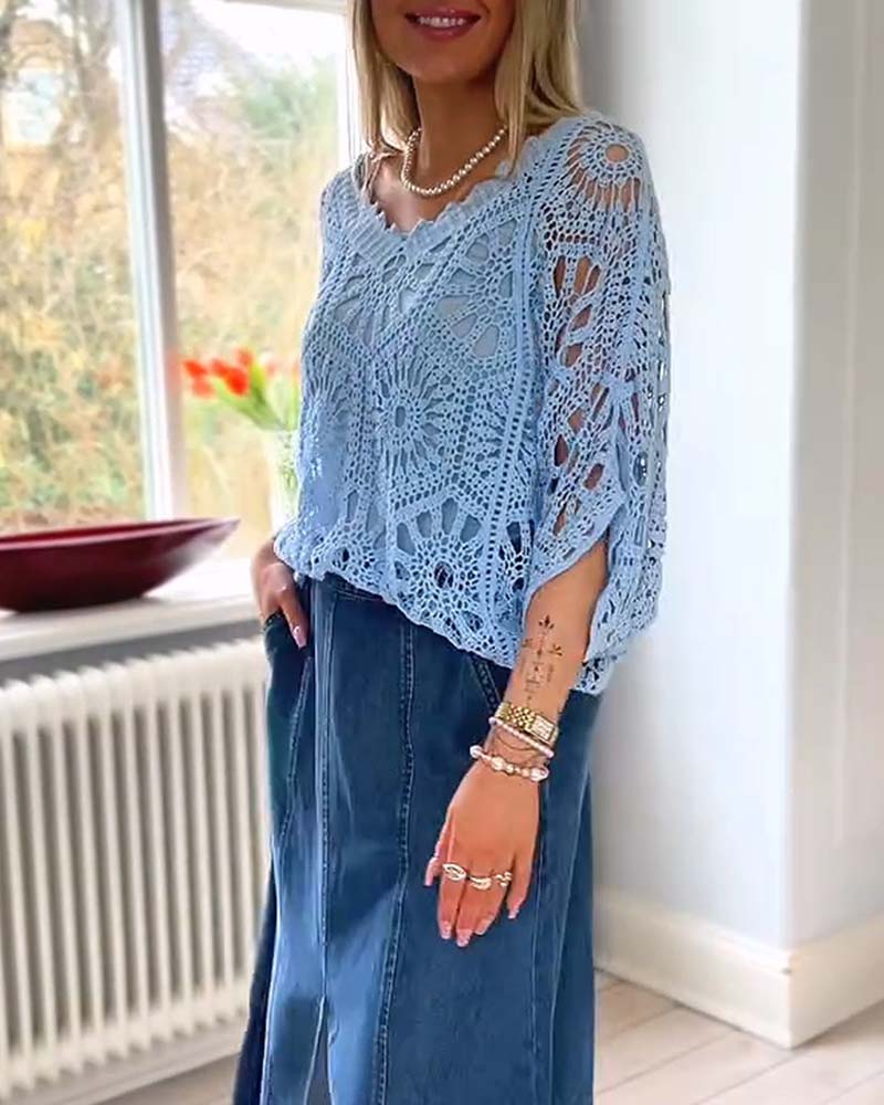 Pullover Enfärgad V-Ringning Utskärning Stickad Omslag