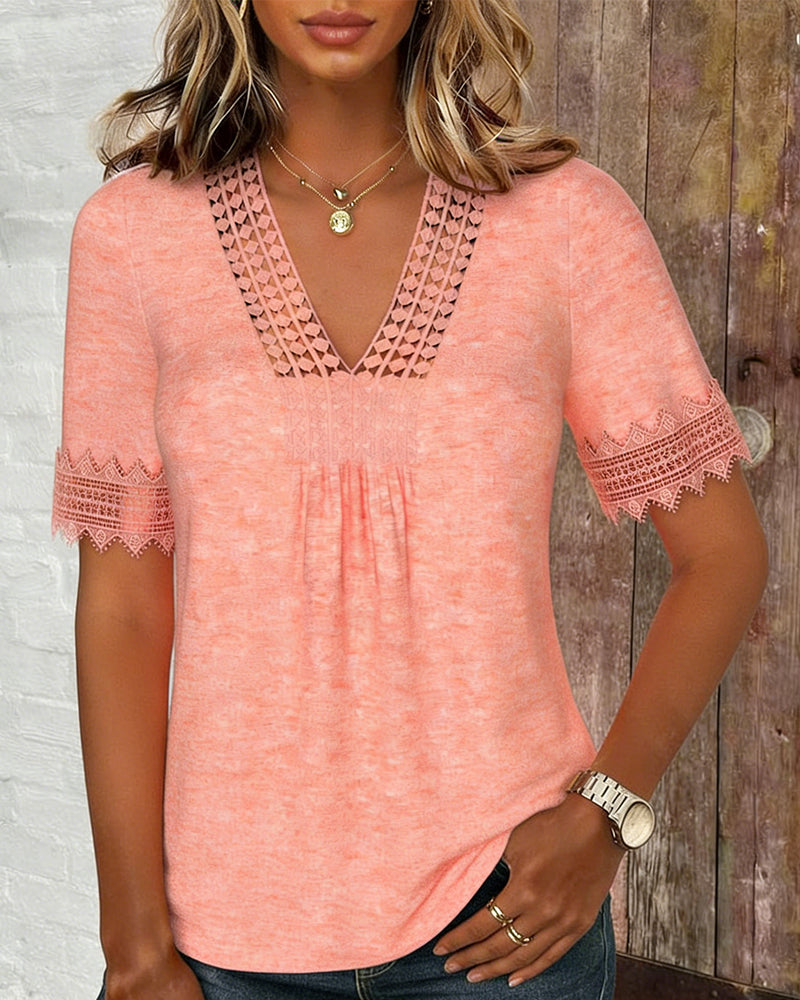 Blus Spets Lapptäcke V-Hals Kort Ärm