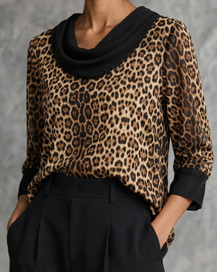 Blus Mock Neck Leopard Armbågslång Ärm