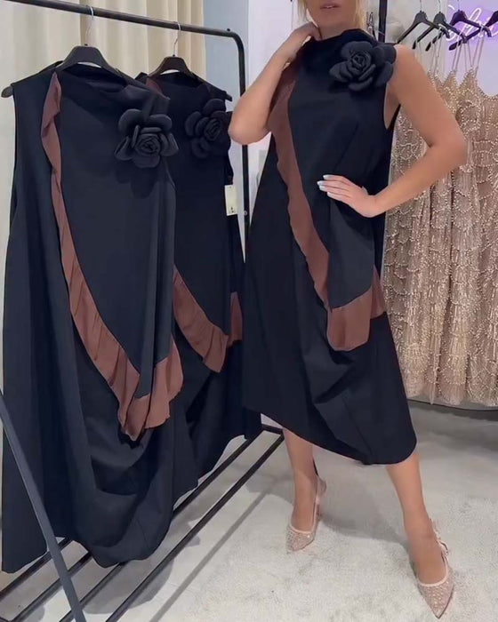 Klänning Tredimensionell Blomblad Näckroslöv Färgkontrast Ärmlös