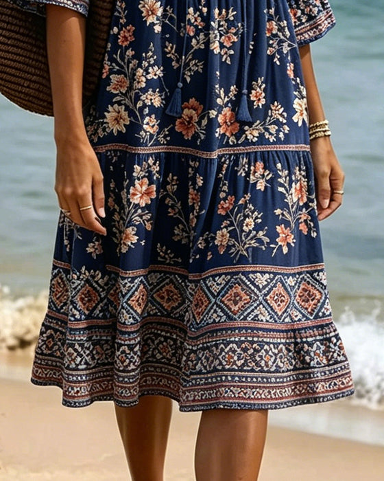 Klänning V-Hals Etnisk Blommig Patchwork
