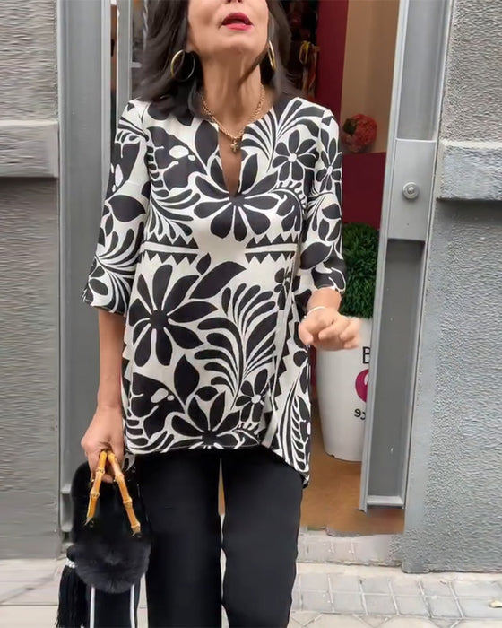 Blus Vintage Halvärm Tryckt