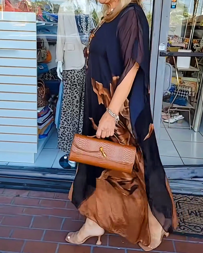 Klänning Fladdermusärm Chiffong Tryck Maxi