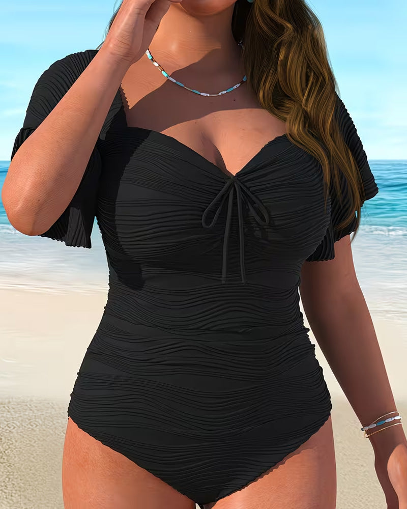 Hel Baddräkt Rynkad Ärm Dragsko