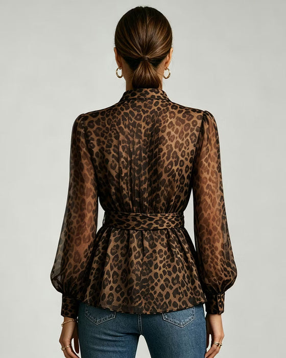 Blus Leopard Tryck Ståkrage Puff Ärm Snörning