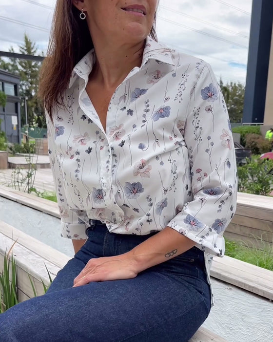 Elegant tröja med trekvartsärm i lapel med blommigt tryck