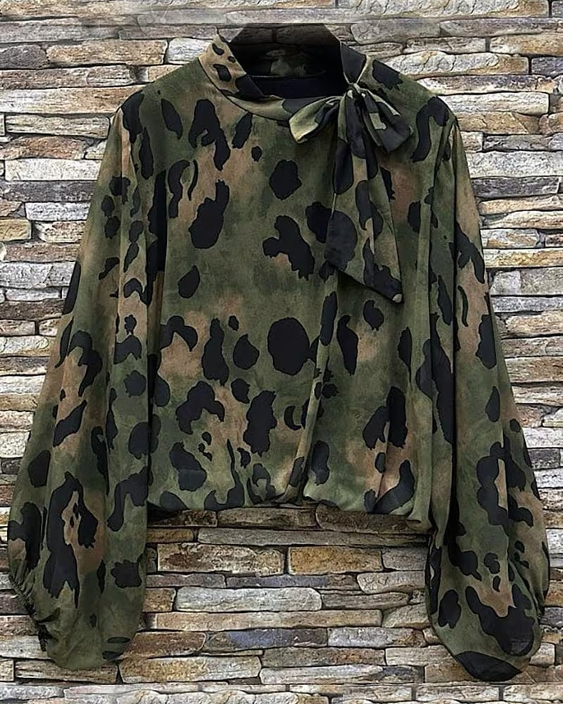 Blus Kamouflage Leopard Tryck Scarf Knyt Puffärm