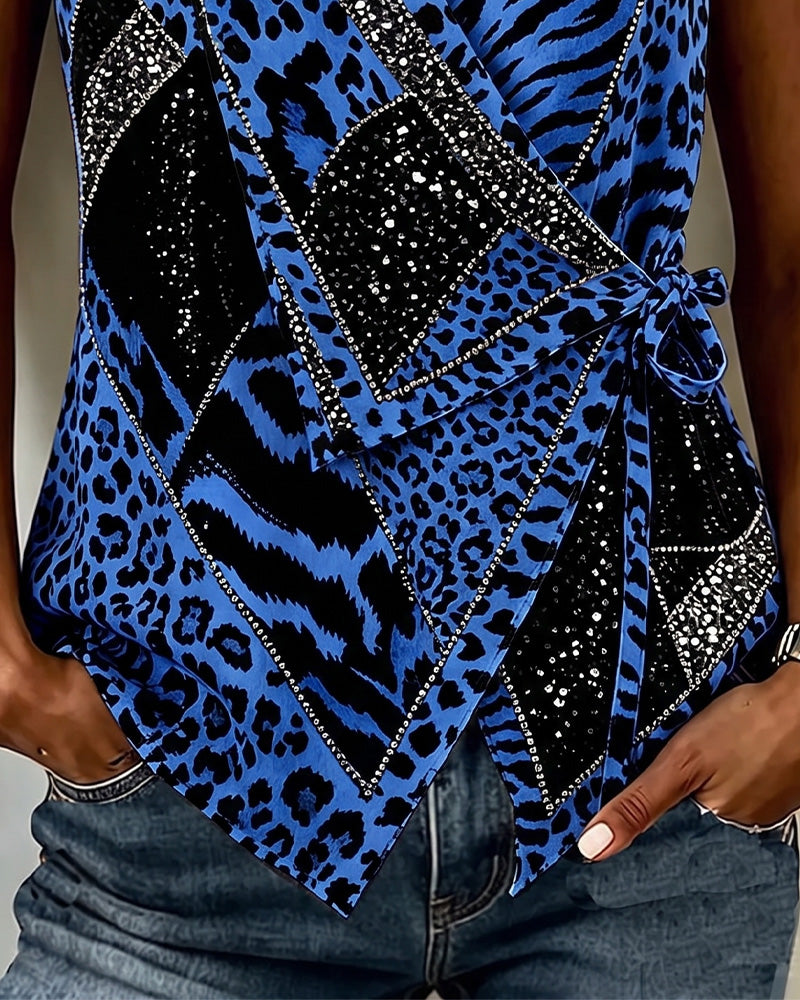 Blus Leopardtryck Knytband Fram Ärmlös