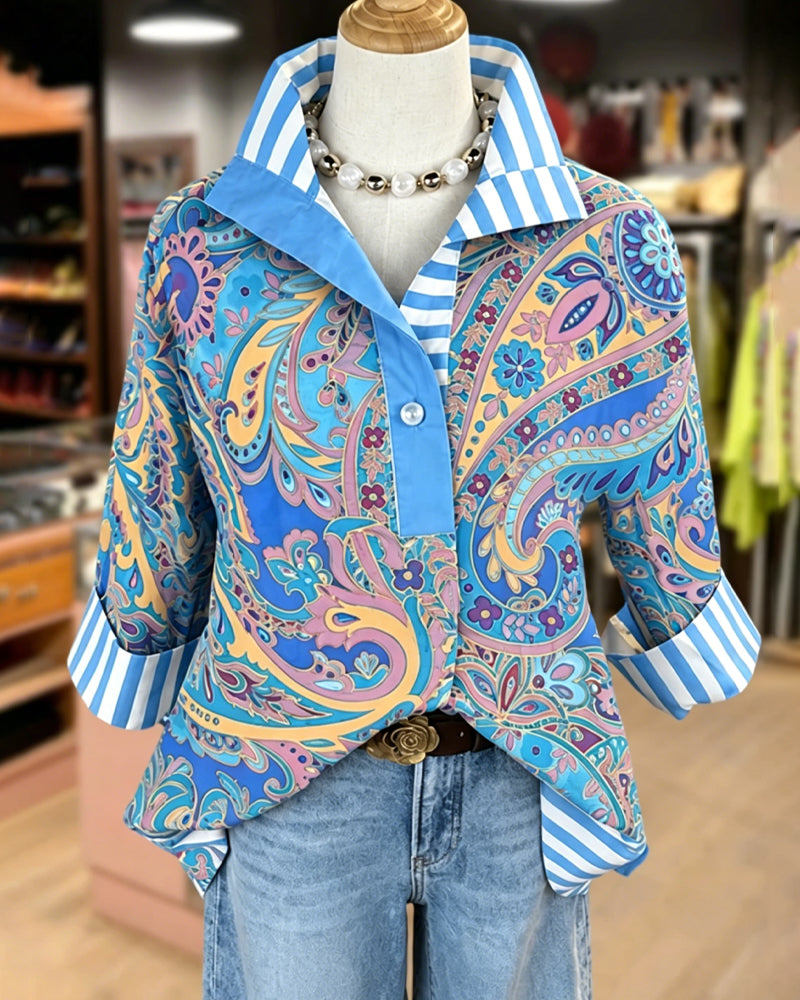 Blus Patchwork Blommig Tryck Casual