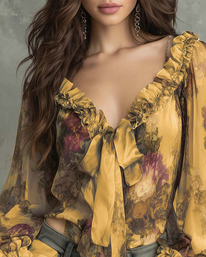 Blus Lotusmönster Elegant