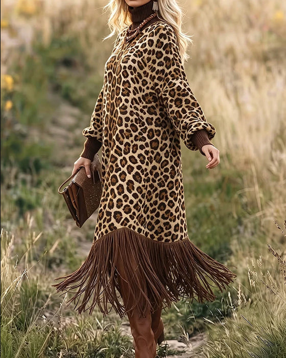 Klänning Leopard Tryck Finskörtad Lykta Ärm