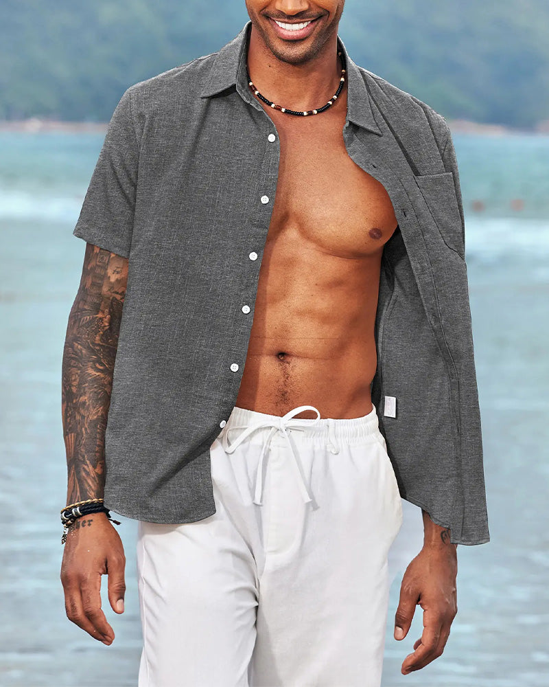 Skjorta Herr Linne Kort Ärm Knäppning Skjorta, Casual Sommar Strandklänning