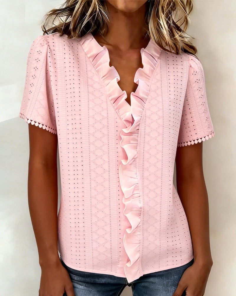 Blus Rynkad V-Ringning Kortärmad Utskärning