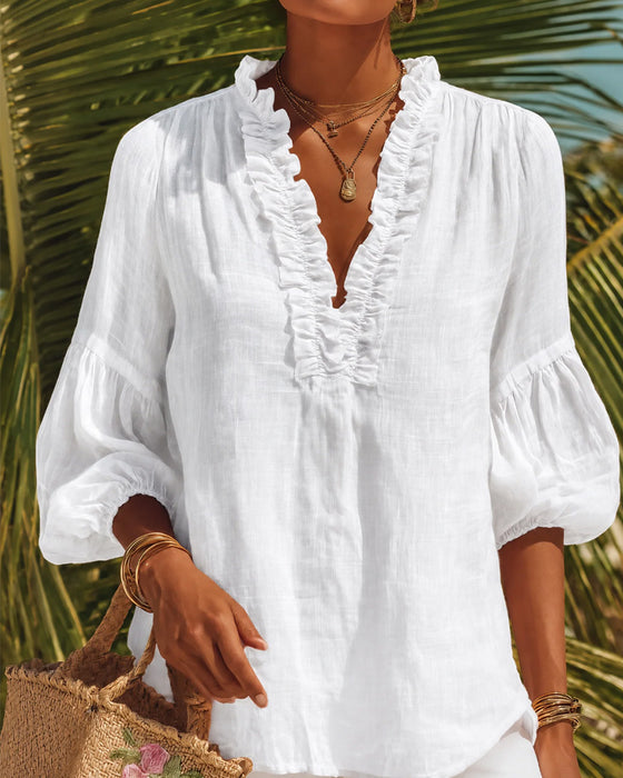 Blus Ruffle Kant Puffärm V-Hals