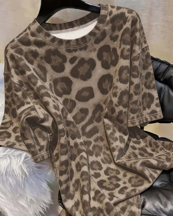 T-shirt Rundhals Leopardmönster Slim-Fit Kortärm
