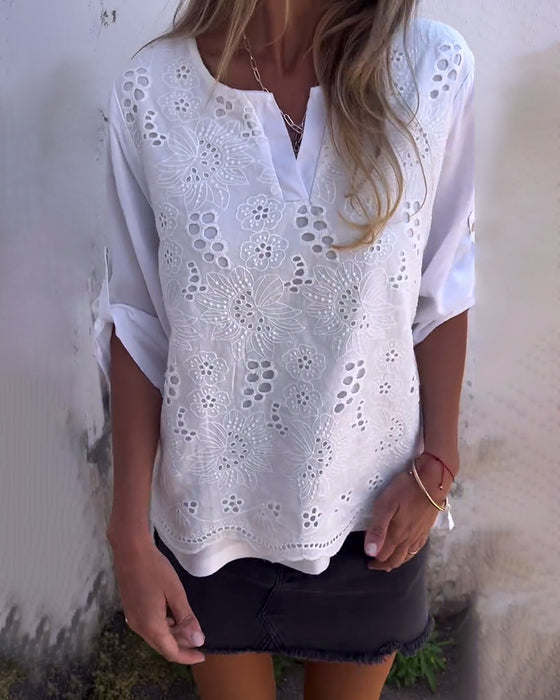 Blus Enfärgad Patchwork Tryckt Uppvikbar Ärm