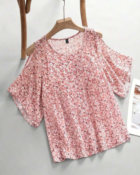 Blus V-Hals Blommig Off-Shoulder Fladder Ärm
