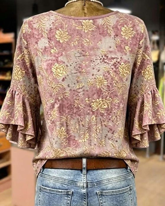 Blus Retro Tryck Lös Volang