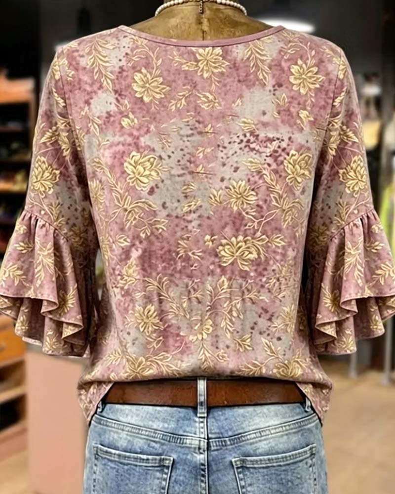 Blus Retro Tryck Lös Volang