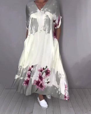 Klänning Bläck Tvätt Persikoblomma V-Hals Maxi