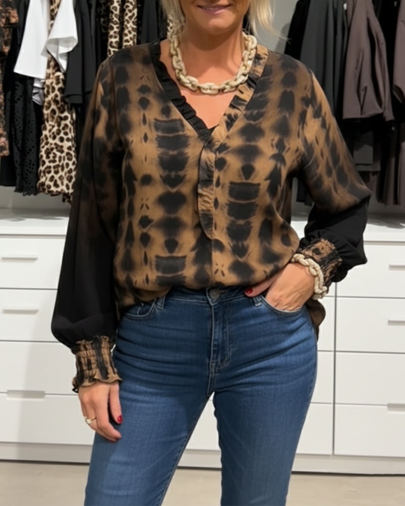 Blus Ryschad V-Ringning Tie-Dye-Tryck