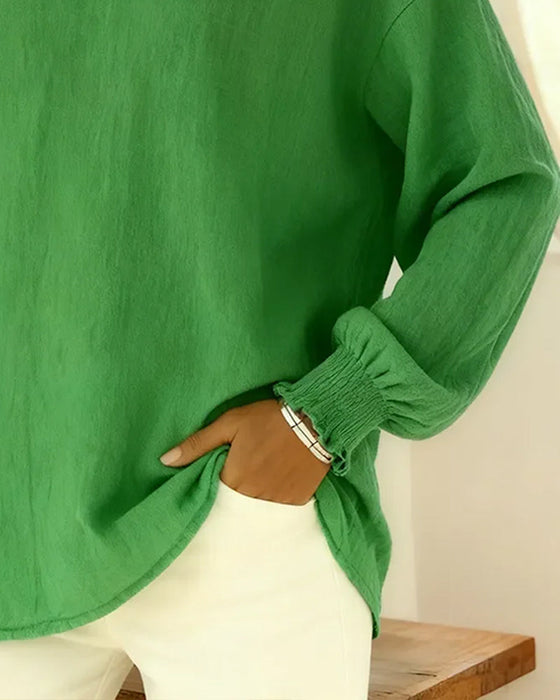 Blus Bomull Lykta Ärm Krage Enfärgad