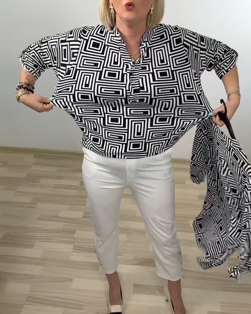 Skjorta Geometrisk Halv-Öppen Krage Tredje-Kvart Ärm