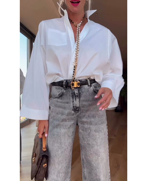 Skjorta Lapel Enfärgad Casual