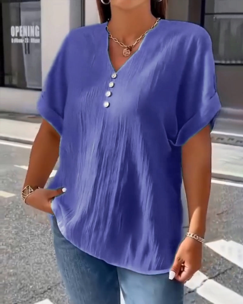 100% Bomull T-Shirt V-Hals Lös Texturerad