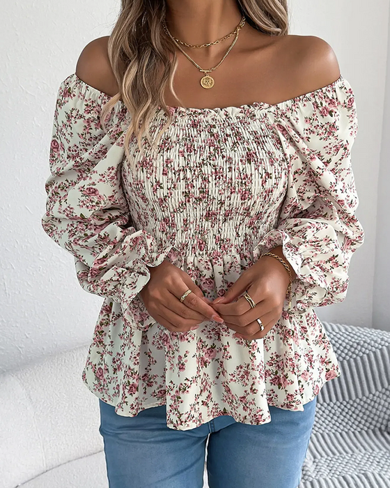 Blus Fyrkantig Hals Rynkad Blommig Ruffle