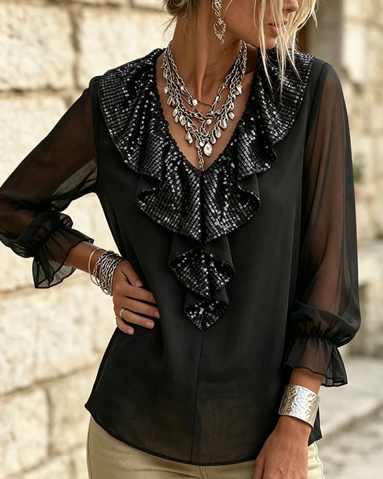 Blus Stilig V-Hals Spetskant Sheer
