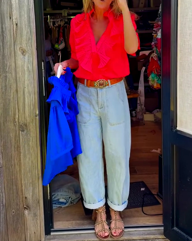 Blus Casual Ruffle Komfort Kort