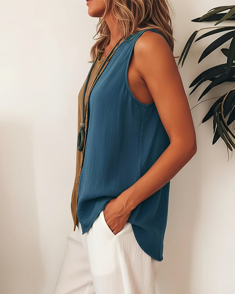 Linne Färgblock Ärmlös Linne