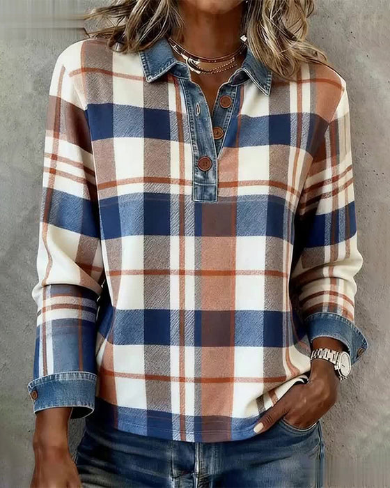 Blus avslappnad denim patchwork rutig