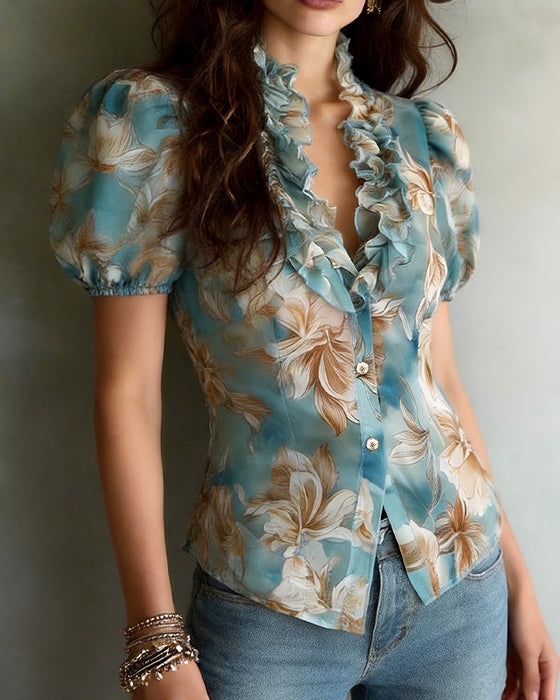 Bluse Med Krås Blommig Puffärm