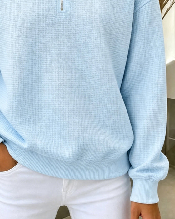 Sweatshirt Halv Dragkedja Våffla Lång Ärm