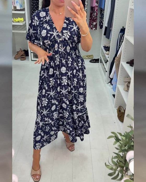 Klänning V-ringning Lössittande Tryckt Lång