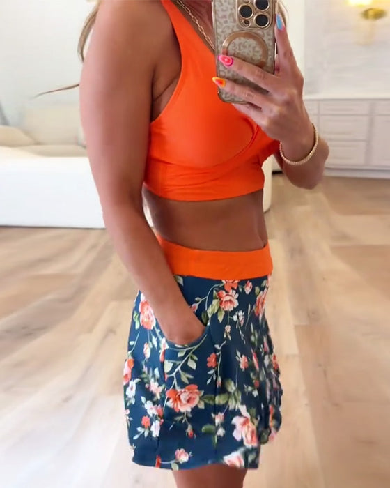 Bikini Färgblock Blommigt Print Skirtini