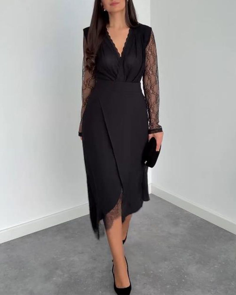 Två-Dels Set Med V-Hals Spets Top, Asymmetrisk Midikjol Och Elegant Stil