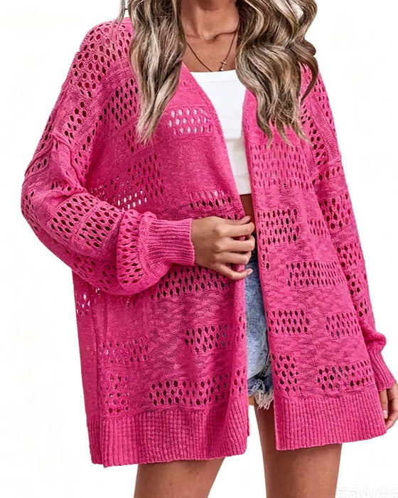 Cardigan Solid Färg Urhålad Casual
