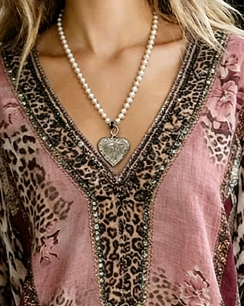 Blus V-Hals Lykta Ärm Leopard