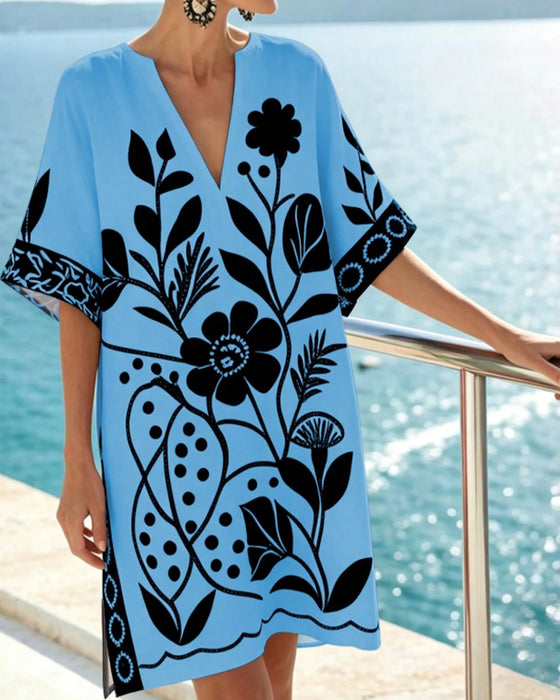 Klänning Floral Print V Hals Slits