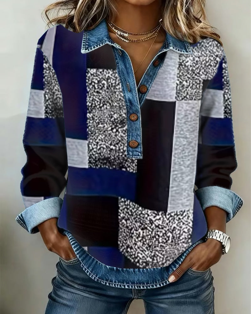 Luvtröja Denim Lappverk Tryck Casual