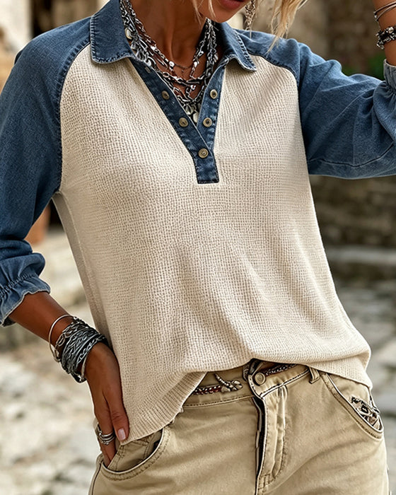 Blus V-Hals Våffel Textur Kontrast Denim