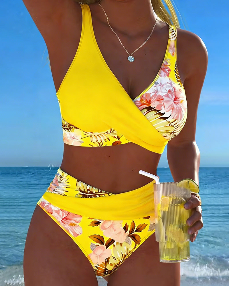 Bikini Kontrast Blommig Delad