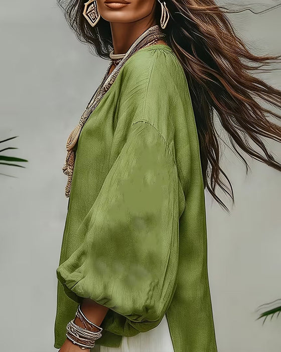Blus Casual Lyktaärm Enfärgad Loose Fit