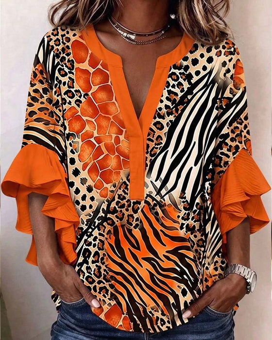Blus Zebra Leopard Tryck Ruffle Ärm